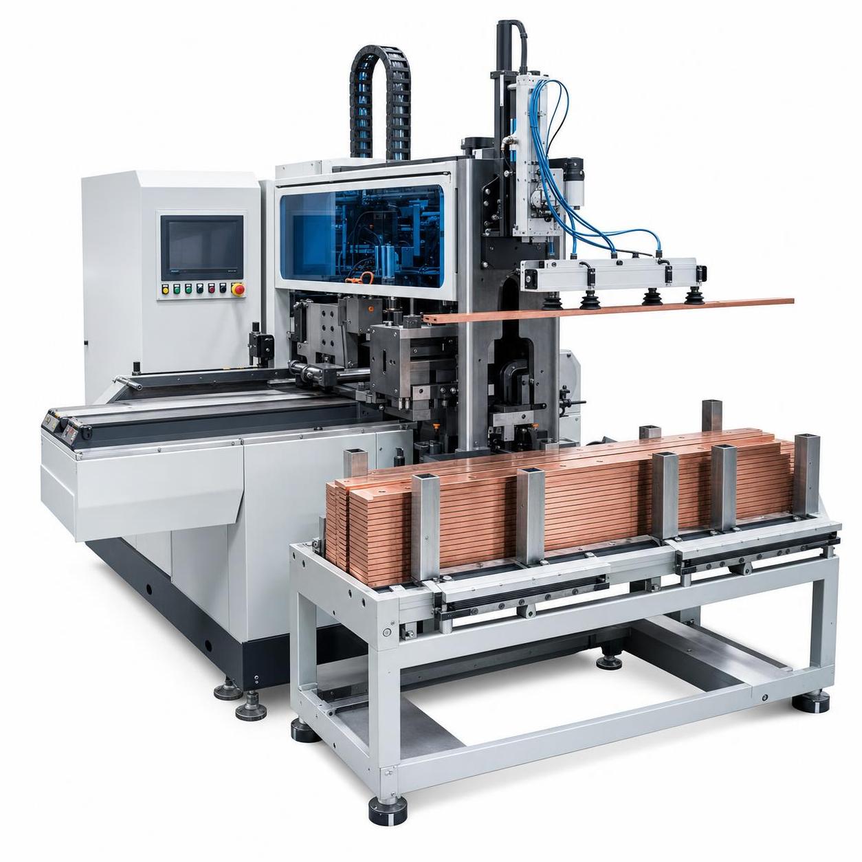 Dây chuyền sản xuất thanh cái Cnc: Hệ thống tự động nạp và dỡ thanh cái + đột và cắt thanh cái