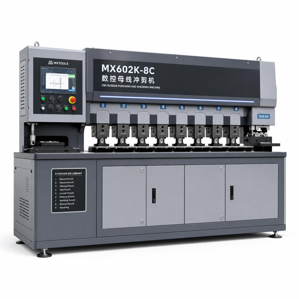 Máy đột và cắt thanh cái CNC MX602K-8C: Trạng thái vận hành đột và cắt Máy đột và cắt thanh cái CNC MX602K-8C: Trạng thái vận hành đột và cắt