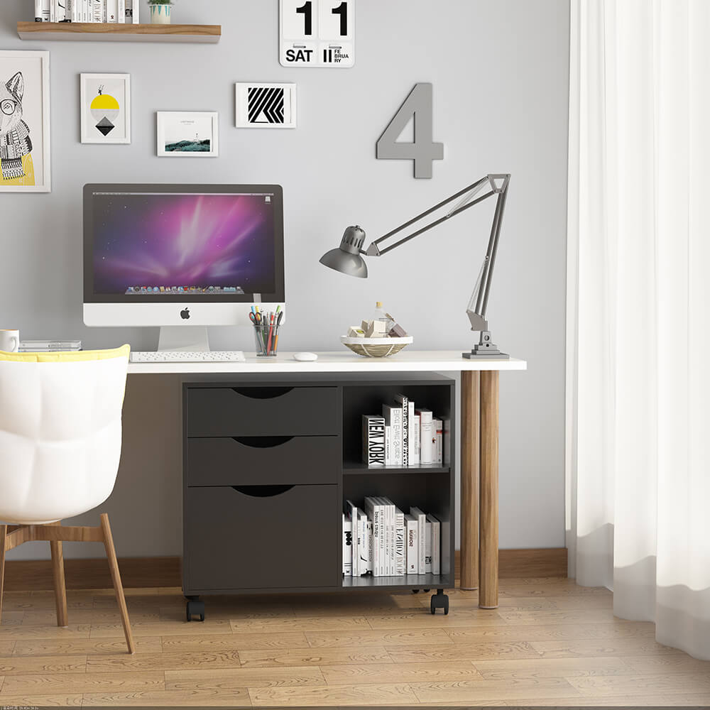 3つの引き出しと棚が付いたモバイルストレージキューブ