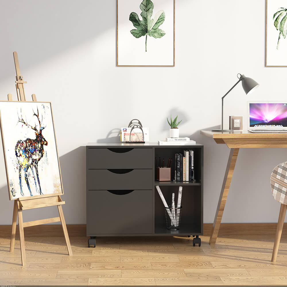 3つの引き出しと棚が付いたモバイルストレージキューブ