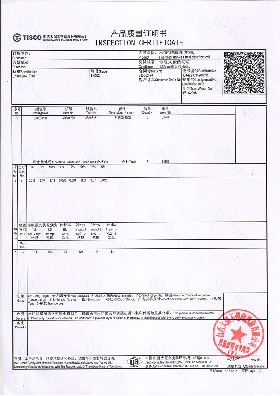 1.4003/T4003 Hot Rolled Stainless Steel SheetNO.1