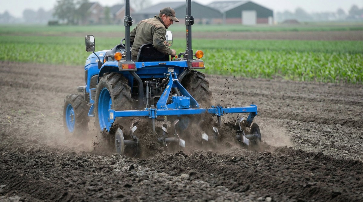 蓝色小型拖拉机旋耕作业图2 蓝色小型拖拉机旋耕作业图2
