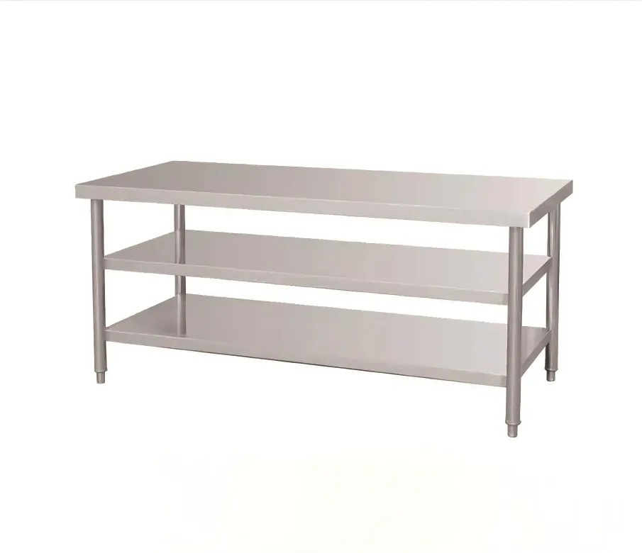Three-tier stainless steel work table with solid shelves
