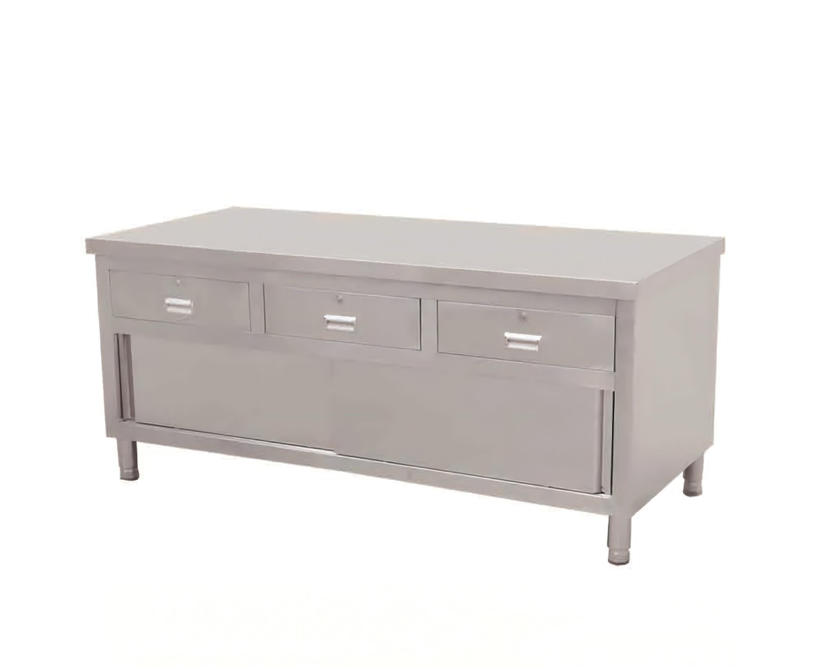 Stainless Steel Work Table with Three Drawers and Sliding Doors