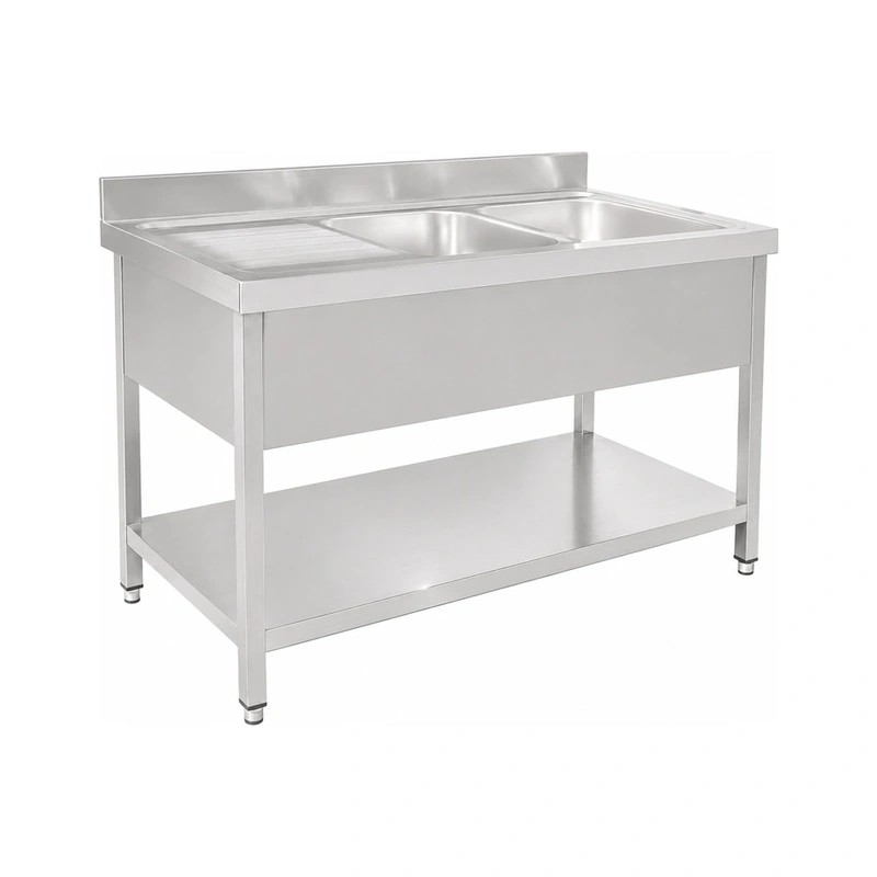 European Style Double Sink with Left Drainboard and Undershelf