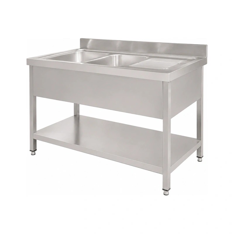 European Style Double Sink with Right Drainboard and Undershelf